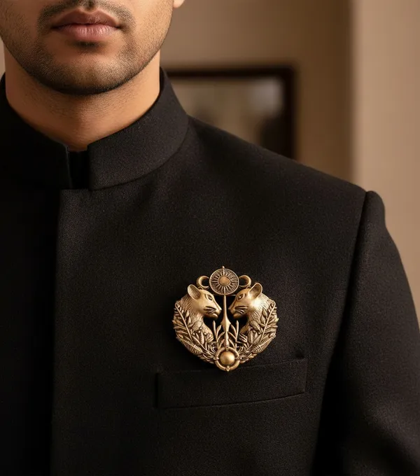 Golden_Royal_Twin_Lioness_And_Sunburst_Brooch_|_Antique_Gold_Sherwani_Pin