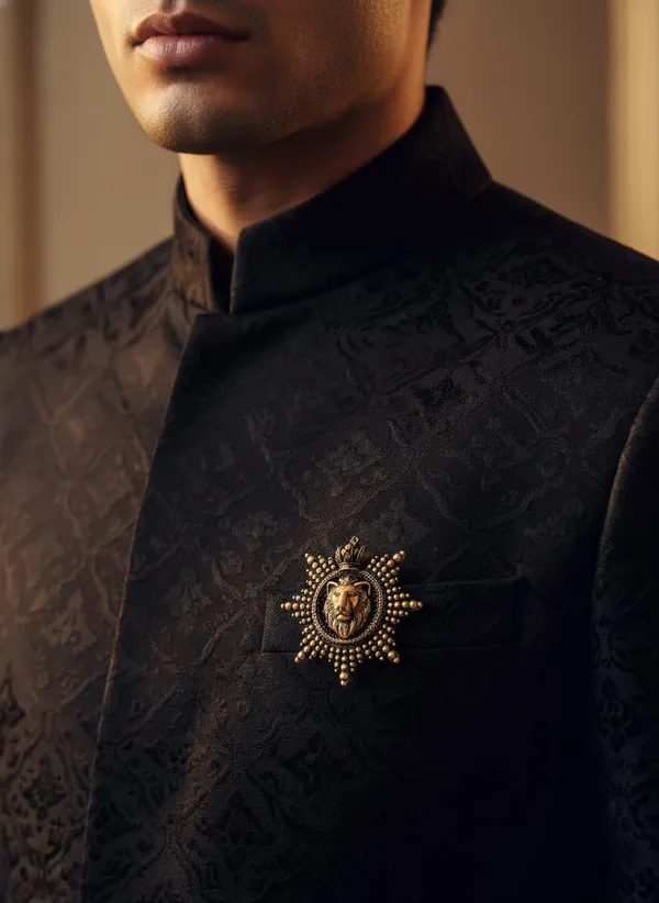 Golden_Antique_Gold_Lion_Brooch_For_Men_Sunburst_Groom_Accessory