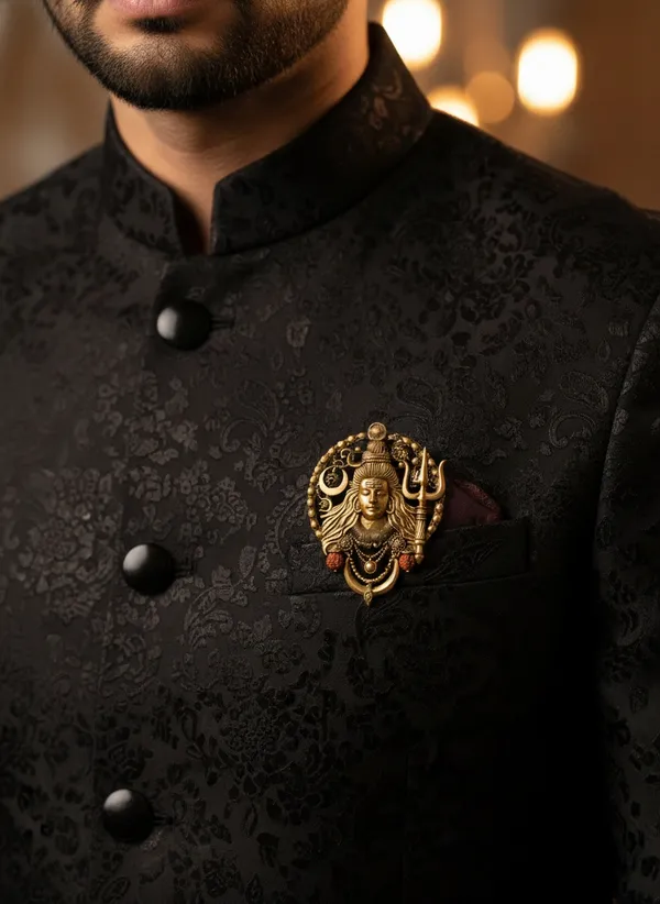 Golden_Divine_Shiva_Mukh_Medallion_Brooch_|_Rudraksha_And_Trishul_Pin