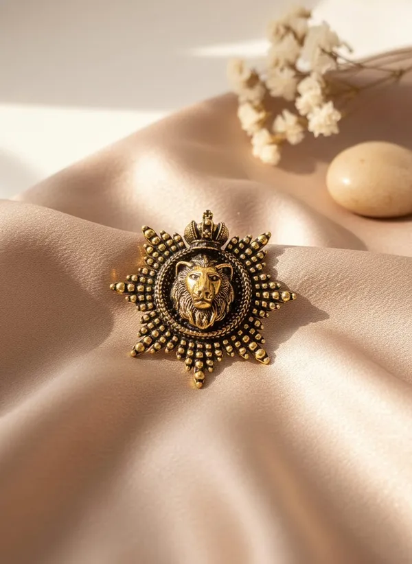 Golden_Antique_Gold_Lion_Brooch_For_Men_Sunburst_Groom_Accessory