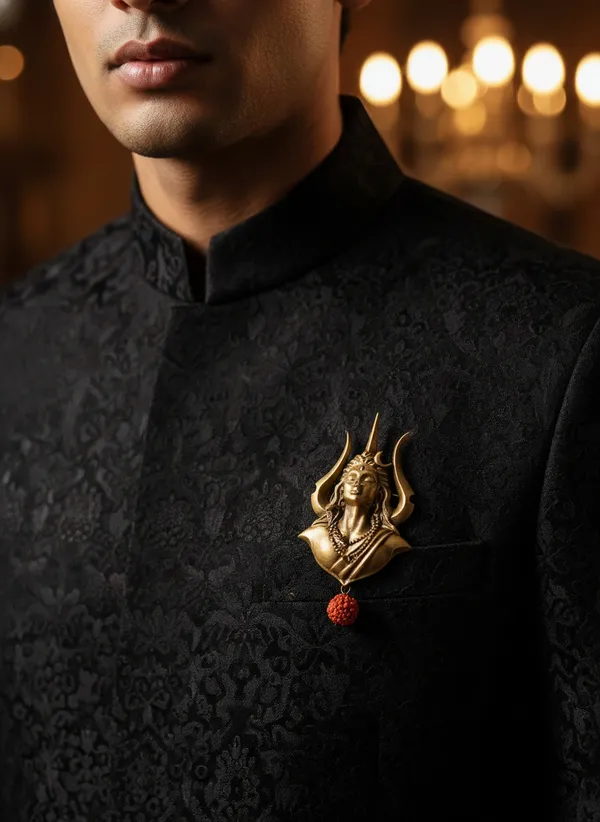 Golden_Divine_Shiva_Face_And_Trishul_Silhouette_Brooch_|_Rudraksha_Drop_Pin