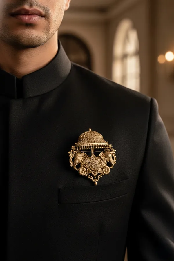Golden_Royal_Twin_Elephant_And_Chhatri_Brooch_|_Antique_Gold_Sherwani_Pin