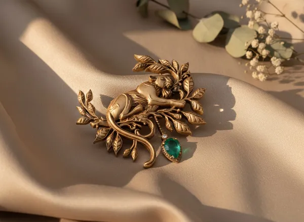 Golden_Majestic_Panther_On_Branch_Brooch_|_Emerald_Green_Drop_Accent