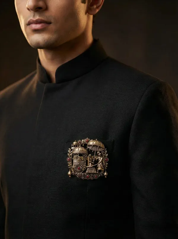 Golden_Royal_Indian_Wedding_Scene_Brooch_|_Bride,_Groom_And_Chariot_Motif