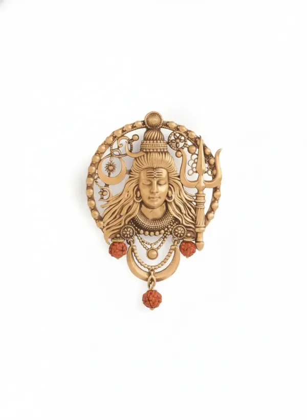 Golden_Divine_Shiva_Mukh_Medallion_Brooch_|_Rudraksha_And_Trishul_Pin