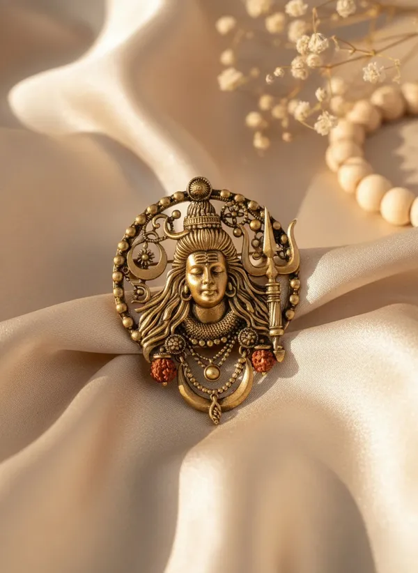 Golden_Divine_Shiva_Mukh_Medallion_Brooch_|_Rudraksha_And_Trishul_Pin
