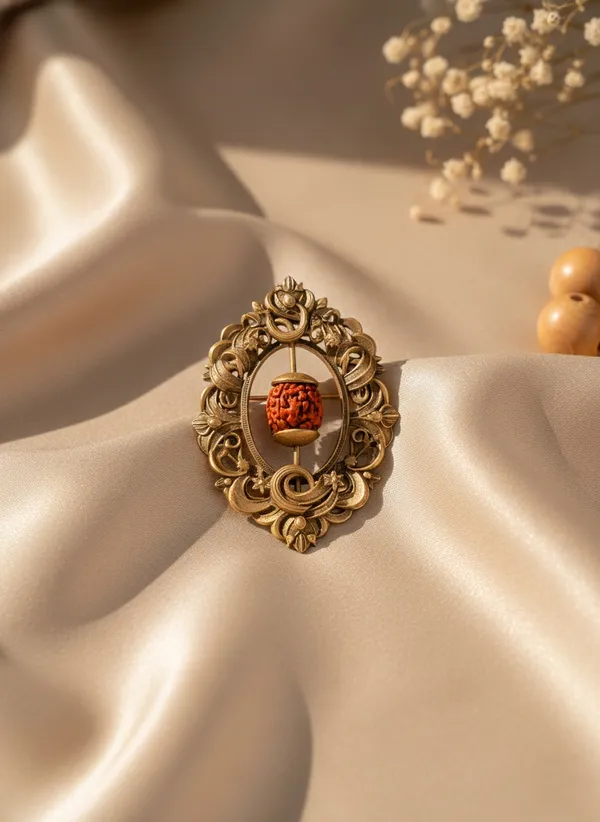 Golden_Divine_Rudraksha_And_Floral_Medallion_Brooch_|_Antique_Gold_Spiritual_Pin