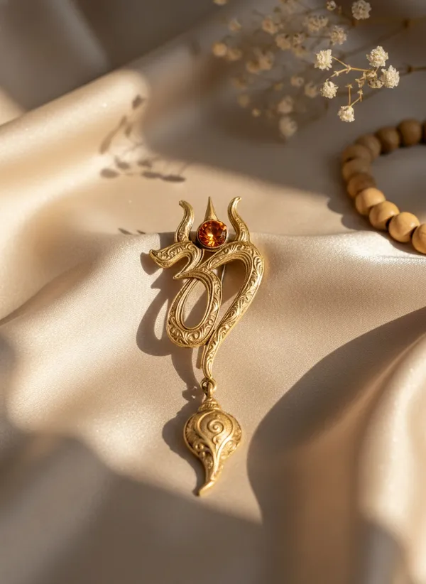 Golden_Divine_Om_And_Trishul_Brooch_With_Shankh_Drop_|_Rudraksha_Spiritual_Pin