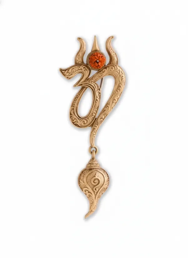 Golden_Divine_Om_And_Trishul_Brooch_With_Shankh_Drop_|_Rudraksha_Spiritual_Pin