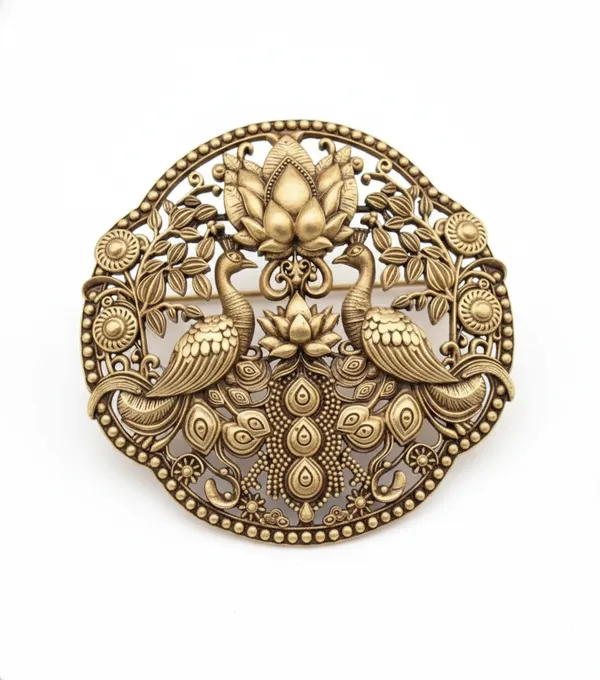 Golden_Royal_Twin_Peacock_And_Lotus_Medallion_|_Antique_Gold_Sherwani_Pin