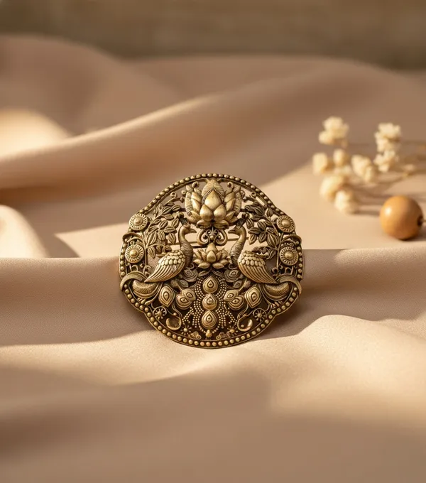 Golden_Royal_Twin_Peacock_And_Lotus_Medallion_|_Antique_Gold_Sherwani_Pin