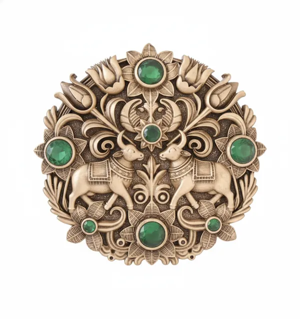 Golden_Royal_Twin_Nandi_And_Floral_Medallion_|_Antique_Gold_And_Emerald_Brooch