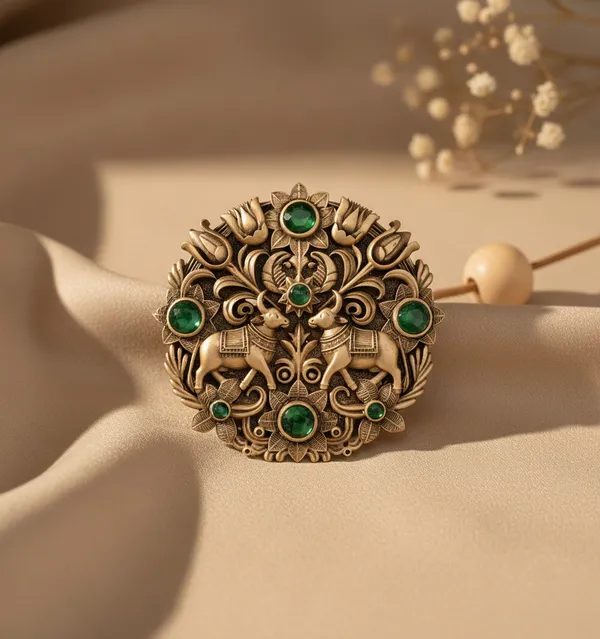 Golden_Royal_Twin_Nandi_And_Floral_Medallion_|_Antique_Gold_And_Emerald_Brooch
