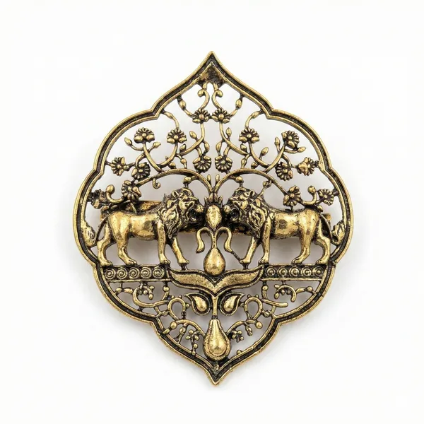 Golden_Royal_Twin_Lion_And_Tree_Of_Life_Brooch_|_Antique_Gold_Sherwani_Pin