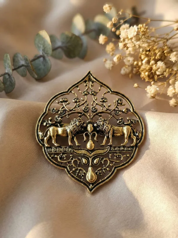 Golden_Royal_Twin_Lion_And_Tree_Of_Life_Brooch_|_Antique_Gold_Sherwani_Pin