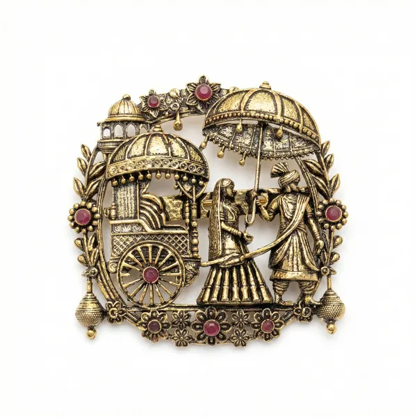 Golden_Royal_Indian_Wedding_Scene_Brooch_|_Bride,_Groom_And_Chariot_Motif