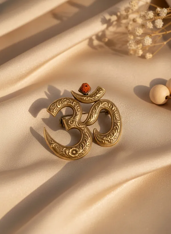 Golden_Divine_Om_Symbol_Brooch_With_Rudraksha_|_Antique_Gold_Spiritual_Pin