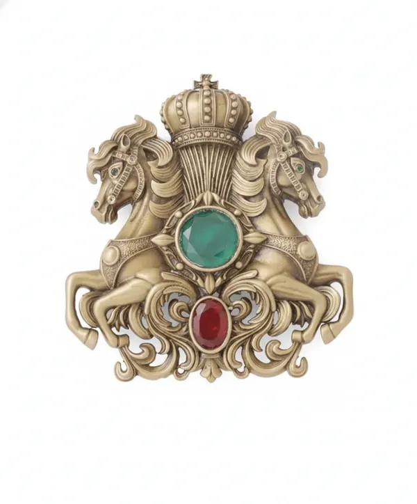 Golden_Royal_Twin_Steed_And_Crown_Brooch_|_Emerald_And_Ruby_Stone_Sherwani