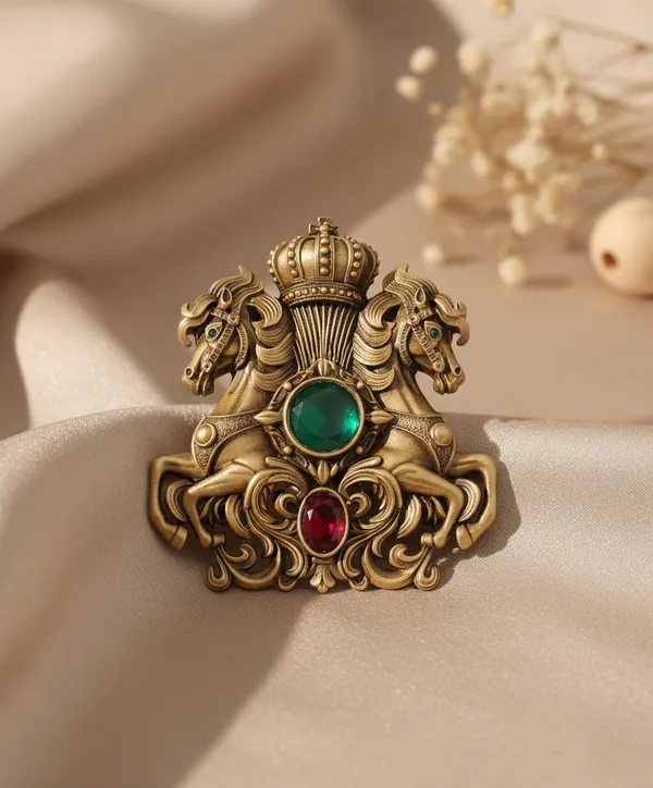 Golden_Royal_Twin_Steed_And_Crown_Brooch_|_Emerald_And_Ruby_Stone_Sherwani