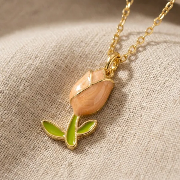 Elegant_Peach_Tulip_Pendant_Necklace_With_Gold_Chain_For_Women