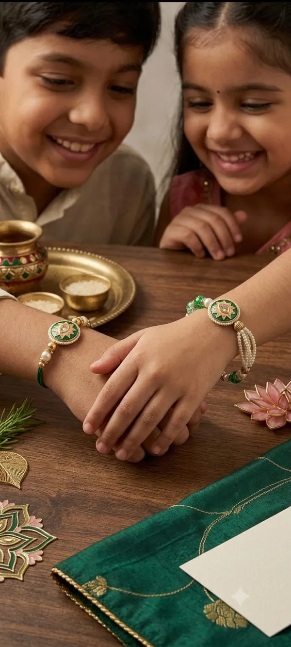 Deep_green_premium_Rakhi_Bhai-Bhabhi_(Rakhi/Kumkum-Chawal/Kisses_choclate)