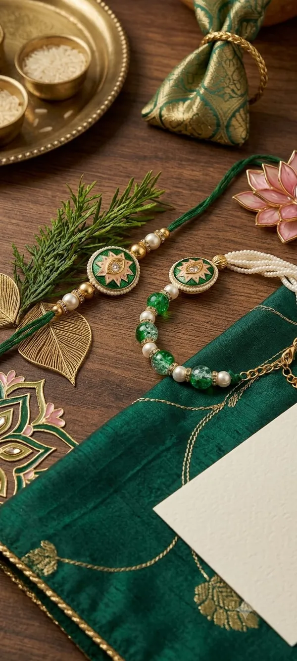 Deep_green_premium_Rakhi_Bhai-Bhabhi_(Rakhi/Kumkum-Chawal/Kisses_choclate)