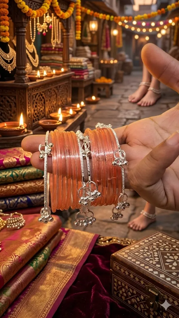 Elegant_Peach_Glass_Bangle_Set_with_Silver_Latkan_Accents_(pack_of_16)