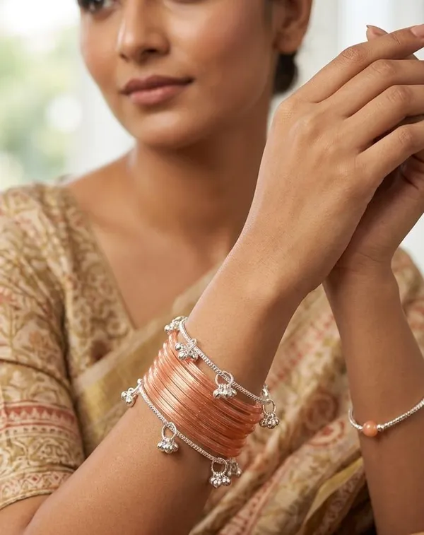 Elegant_Peach_Glass_Bangle_Set_with_Silver_Latkan_Accents_(pack_of_16)
