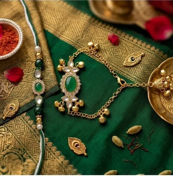 Premium_Emarald_Rakhi_Bhai-Bhabhi_(pack_of_Rakhi/Kumkum-Chawal/Kisses_choclate)