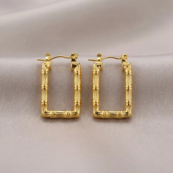 Gold-Toned_Bamboo-Textured_Rectangular_Hoop_Earrings_For_Women