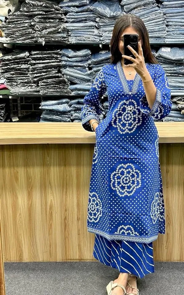 Blue_Bandhej_Kurta_and_Lehriya_Bottom_Embroidery_lace_on_Neck_line_and_sleeves_with_Mul_Dupatta