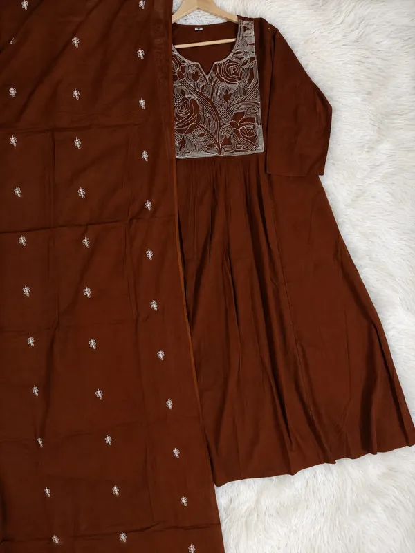 Brown_Anarkali_set_Embroidery_on_yoke_with_Palazoo_and_Embroiderd_Cotton_Dupatta
