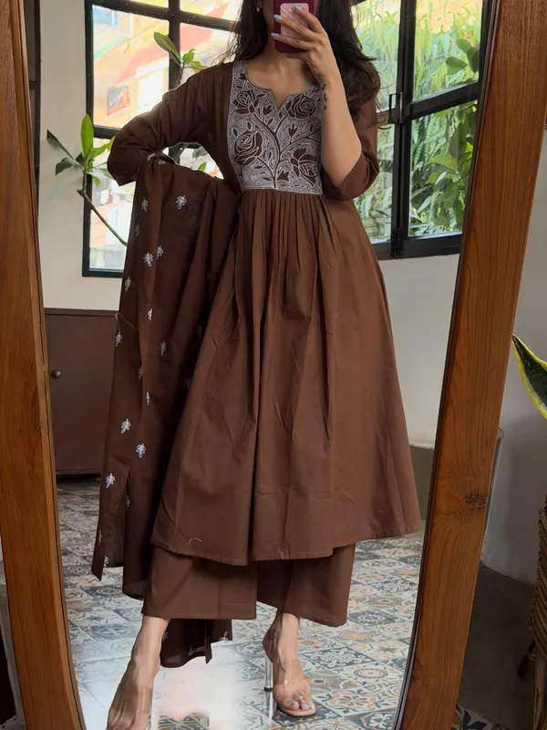 Brown_Anarkali_set_Embroidery_on_yoke_with_Palazoo_and_Embroiderd_Cotton_Dupatta