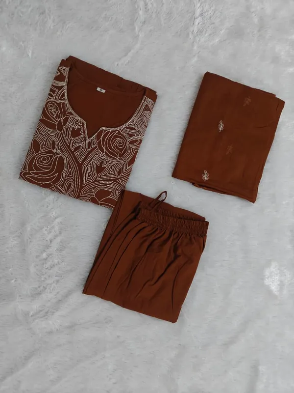 Brown_Anarkali_set_Embroidery_on_yoke_with_Palazoo_and_Embroiderd_Cotton_Dupatta