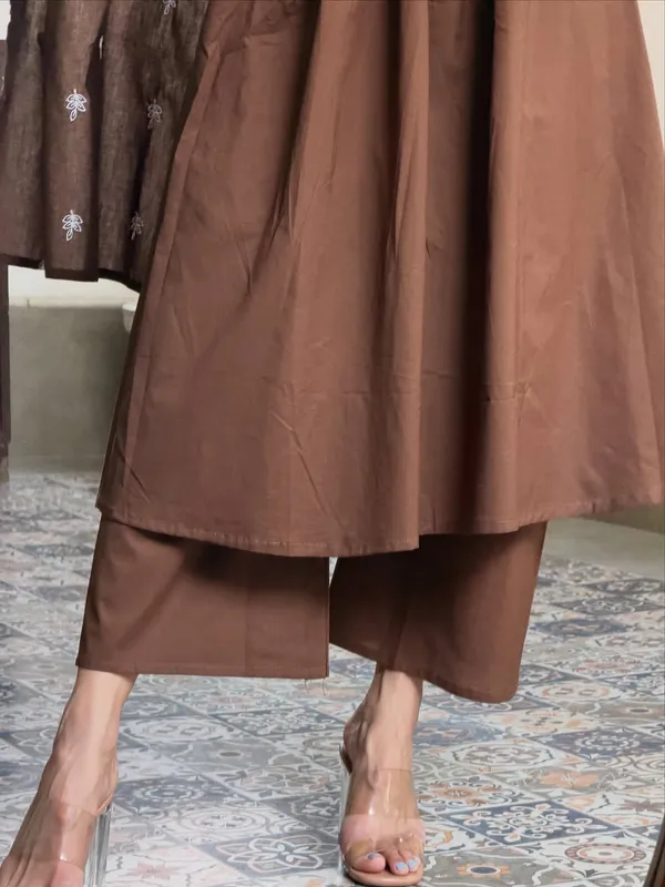 Brown_Anarkali_set_Embroidery_on_yoke_with_Palazoo_and_Embroiderd_Cotton_Dupatta