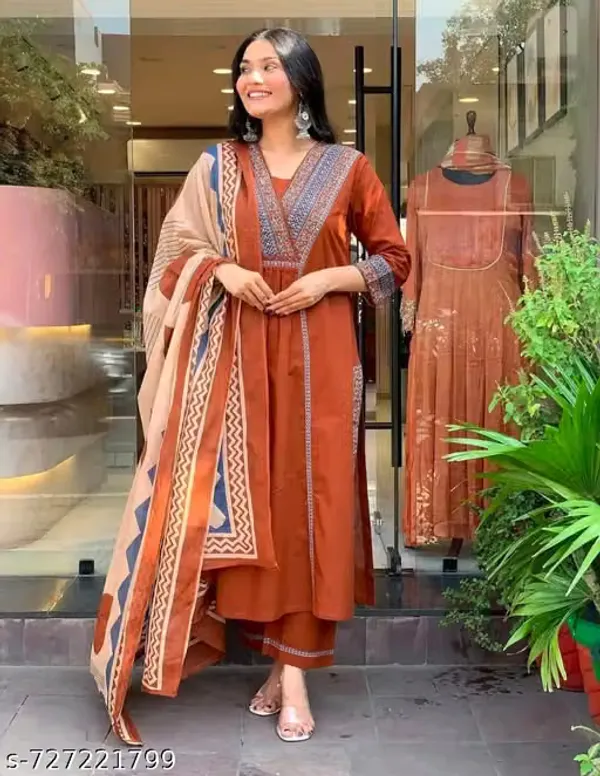 Orange_(Rust)_Kurta_Set_With_Printed_Patch_Work_on_kurti_with_mactching_bottom_and_Printed_Mul_dupatta