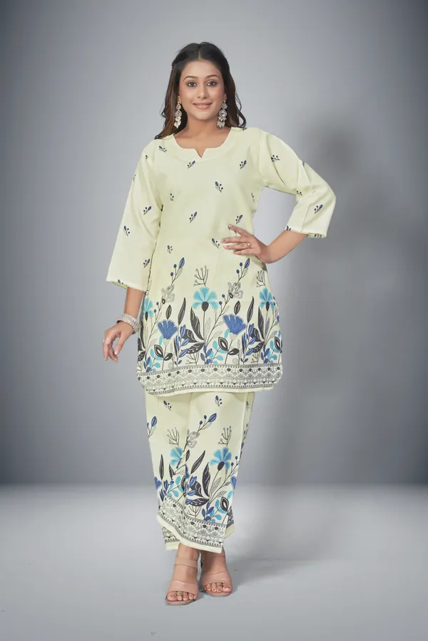 Beige_And_Blue_Cotton_Cord_Set_For_Women_|_Top_And_Bottom_Sets_|_Night_Suit_Set,_V_neck_Shape_Round_Collor_|_Khadi_Touch