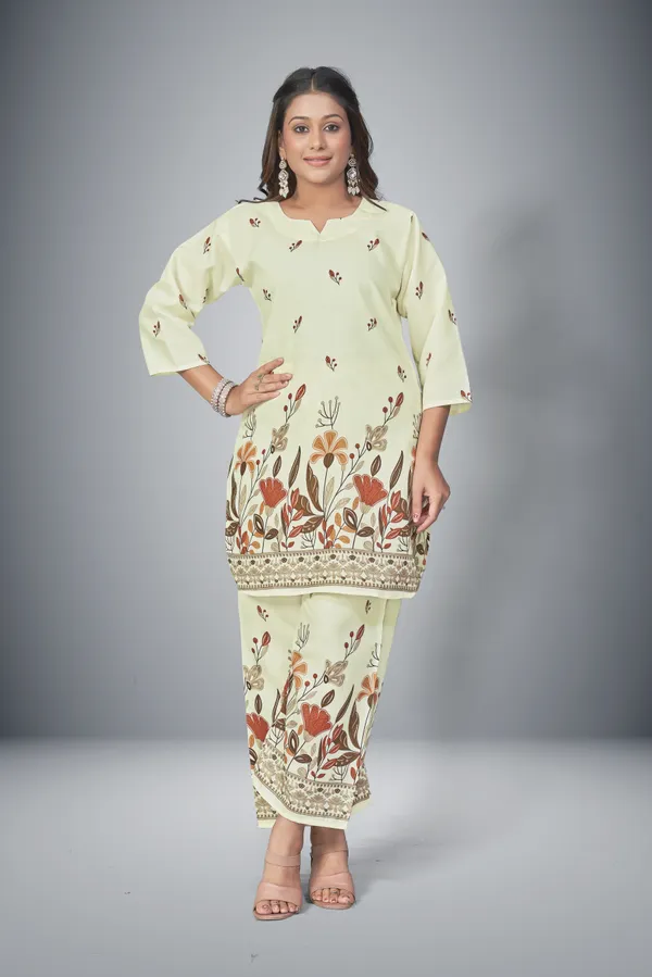 Beige_And_Orange_Cotton_Cord_Set_For_Women_|_Top_And_Bottom_Sets_|_Night_Suit_Set_|_V_neck_Shape_Round_Collor_|_Khadi_Touch