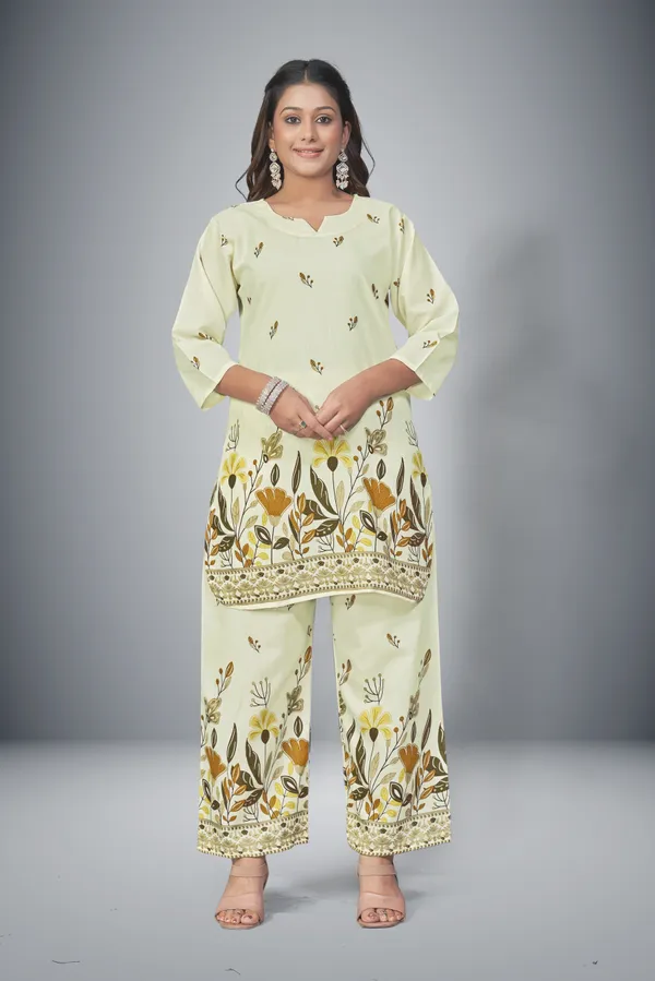 Beige_And_Yellow_Cotton_Cord_Set_For_Women_|_Top_And_Bottom_Sets_|_Night_Suit_Set_|_Kurta_Pants_|_V_neck_Shape_Round_Collor_|_Khadi_Touch