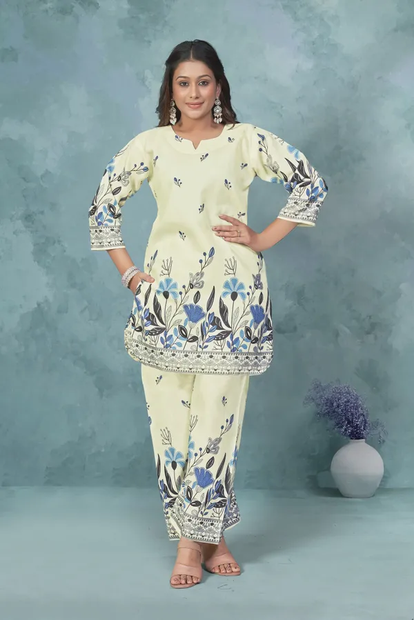Beige_And_Blue_Cotton_Cord_Set_For_Women_|_Top_And_Bottom_Sets_|_Night_Suit_Set_|_V_neck_Shape_Round_Collor_|_Khadi_Touch