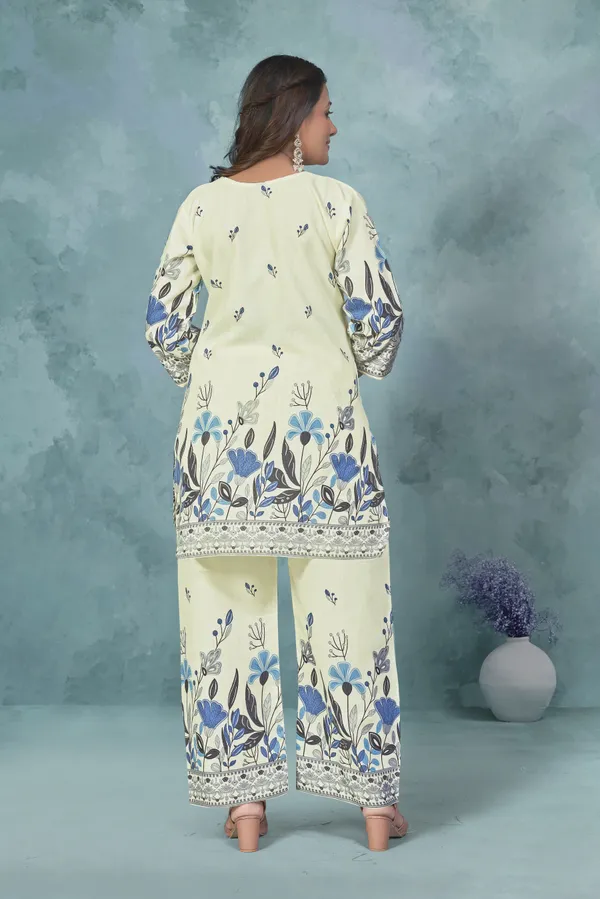 Beige_And_Blue_Cotton_Cord_Set_For_Women_|_Top_And_Bottom_Sets_|_Night_Suit_Set_|_V_neck_Shape_Round_Collor_|_Khadi_Touch