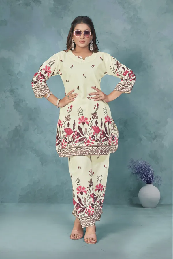 Beige_And_Pink_Cotton_Cord_Set_For_Women_|_Top_And_Bottom_Sets_|_Night_Suit_Set_|_V_neck_Shape_Round_Collor_|_Khadi_Touch