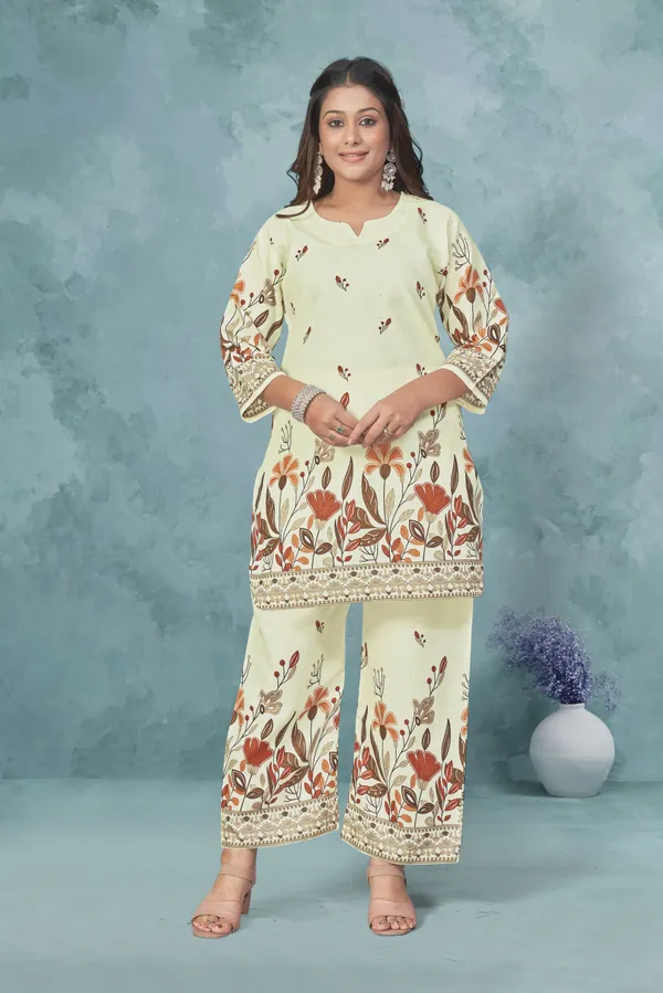 Beige_And_Orange_Cotton_Cord_Set_For_Women_|_Top_And_Bottom_Sets_|_Night_Suit_Set_|_V_neck_Shape_Round_Collor_|_Khadi_Touch