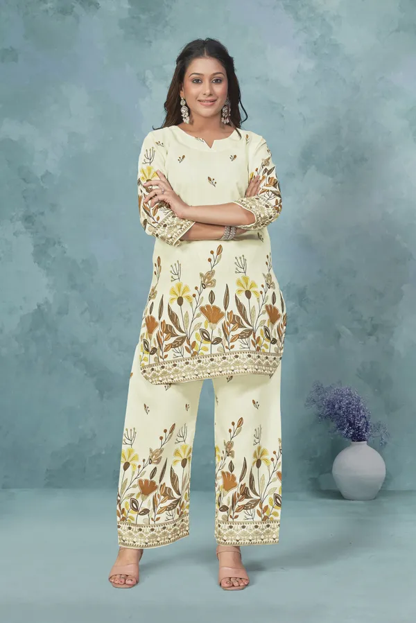 Beige_And_Yellow_Cotton_Cord_Set_For_Women_|_Top_And_Bottom_Sets_|_Night_Suit_Set_|_V_neck_Shape_Round_Collor_|_Khadi_Touch