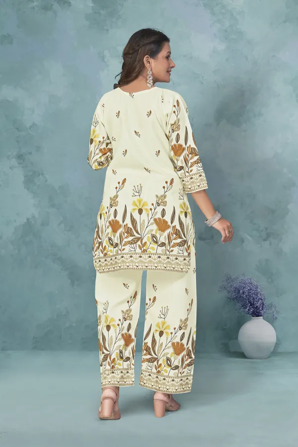 Beige_And_Yellow_Cotton_Cord_Set_For_Women_|_Top_And_Bottom_Sets_|_Night_Suit_Set_|_V_neck_Shape_Round_Collor_|_Khadi_Touch
