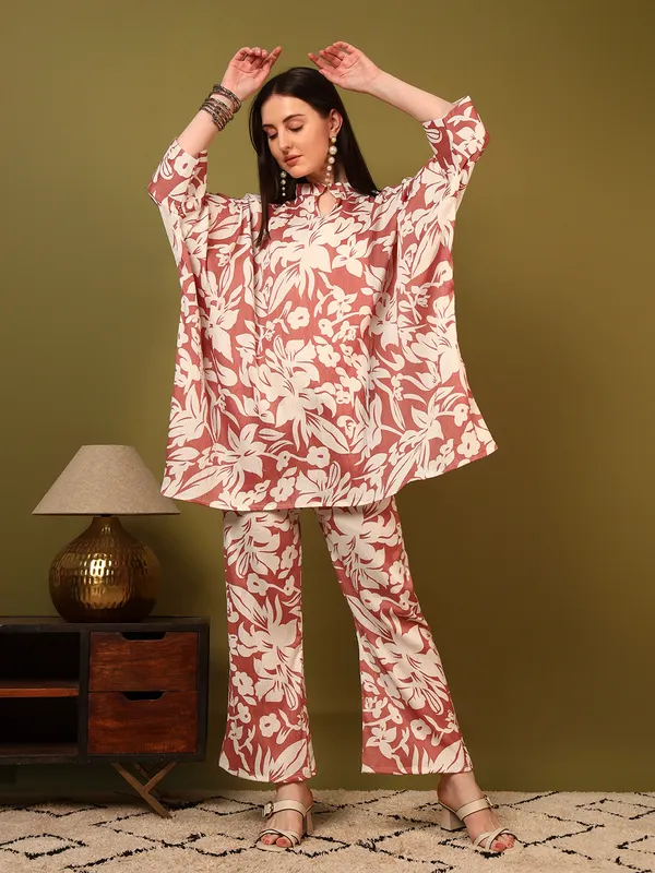Brown_Digital_Print_Kaftan_Co_Ord_Set_For_Women