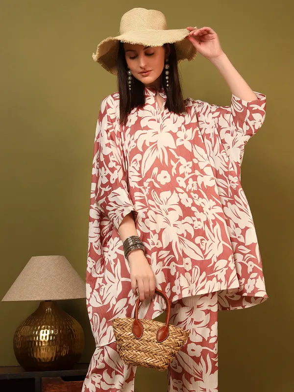 Brown_Digital_Print_Kaftan_Co_Ord_Set_For_Women