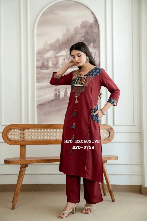 Red_cotton_Kurta_set_Top_Crafted_with_Applique_Work_with_katha_work_&_both_side_Designer_Pocket_with_stlylish_Sleeves