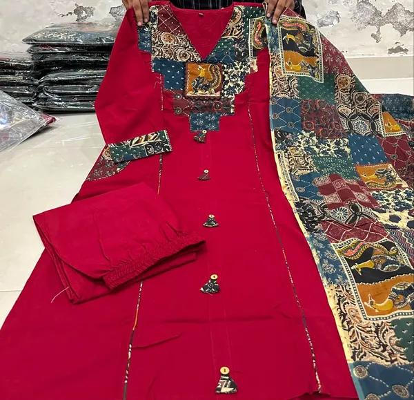 Red_cotton_Kurta_set_Top_Crafted_with_Applique_Work_with_katha_work_&_both_side_Designer_Pocket_with_stlylish_Sleeves