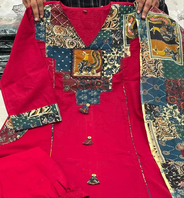 Red_cotton_Kurta_set_Top_Crafted_with_Applique_Work_with_katha_work_&_both_side_Designer_Pocket_with_stlylish_Sleeves